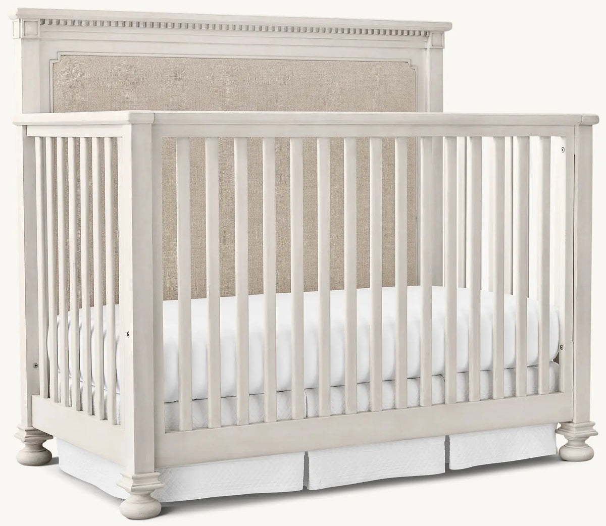 Elegant Convertible Baby Crib: Upholstered Headboard, Distressed Mahogany Wood Nursery