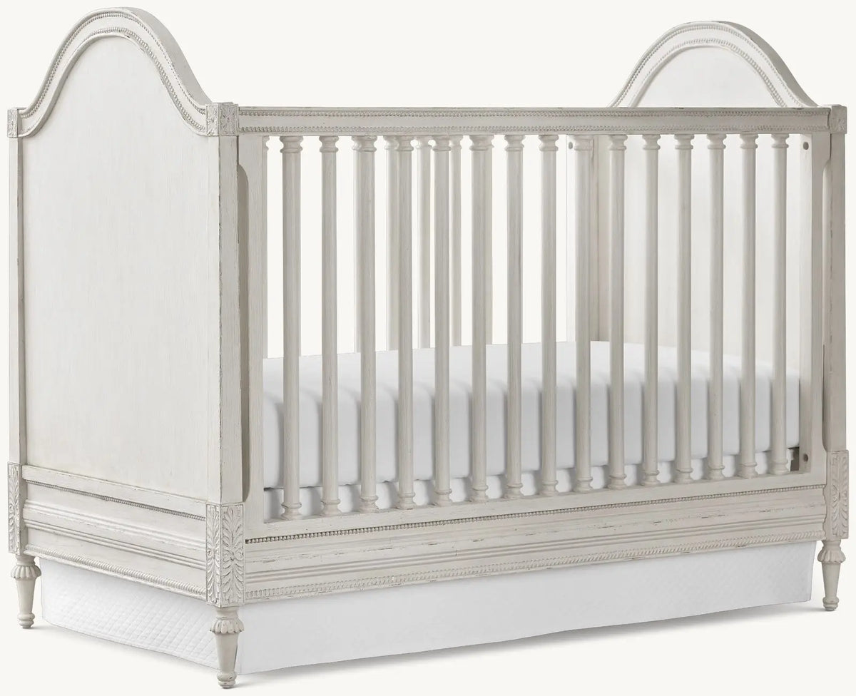 Elegant French Country Convertible Baby Crib, Hand-Carved Mahogany, Distressed White Finish
