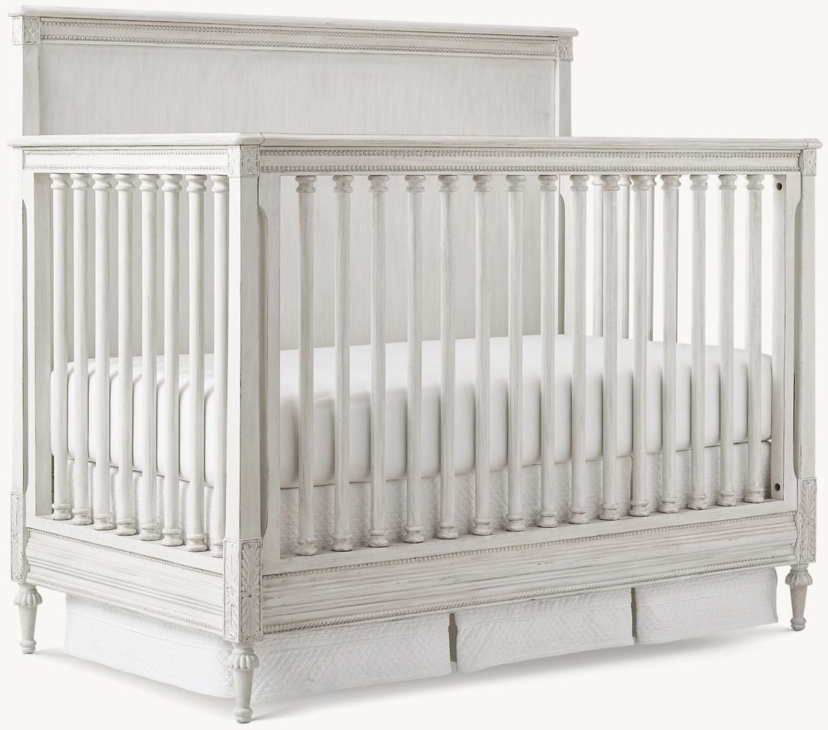 Handcrafted Distressed White Mahogany French Style Convertible Baby Crib with Carvings