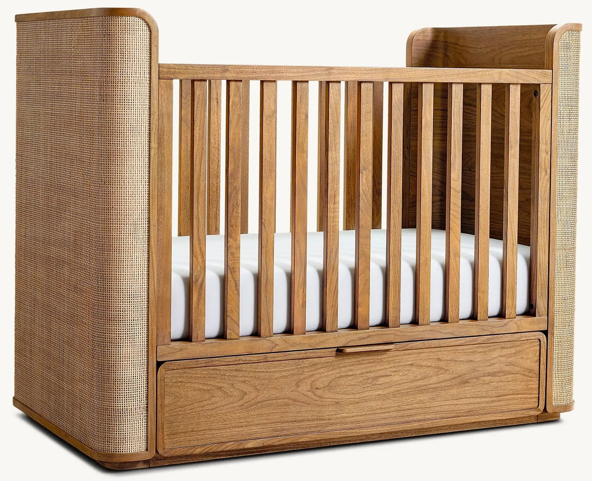 Premium Modern Baby Crib Handcrafted Teak Wood Cane Nursery with Storage Drawer