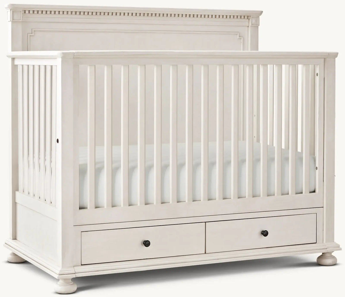 Elegant Antique White Mahogany Convertible Baby Crib with Integrated Storage Drawers