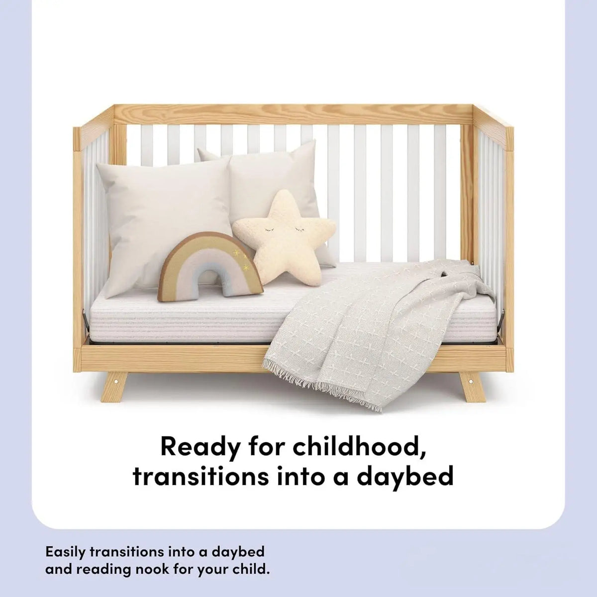 Convertible Natural White Slats Baby Crib Toddler Bed Daybed with Mattress