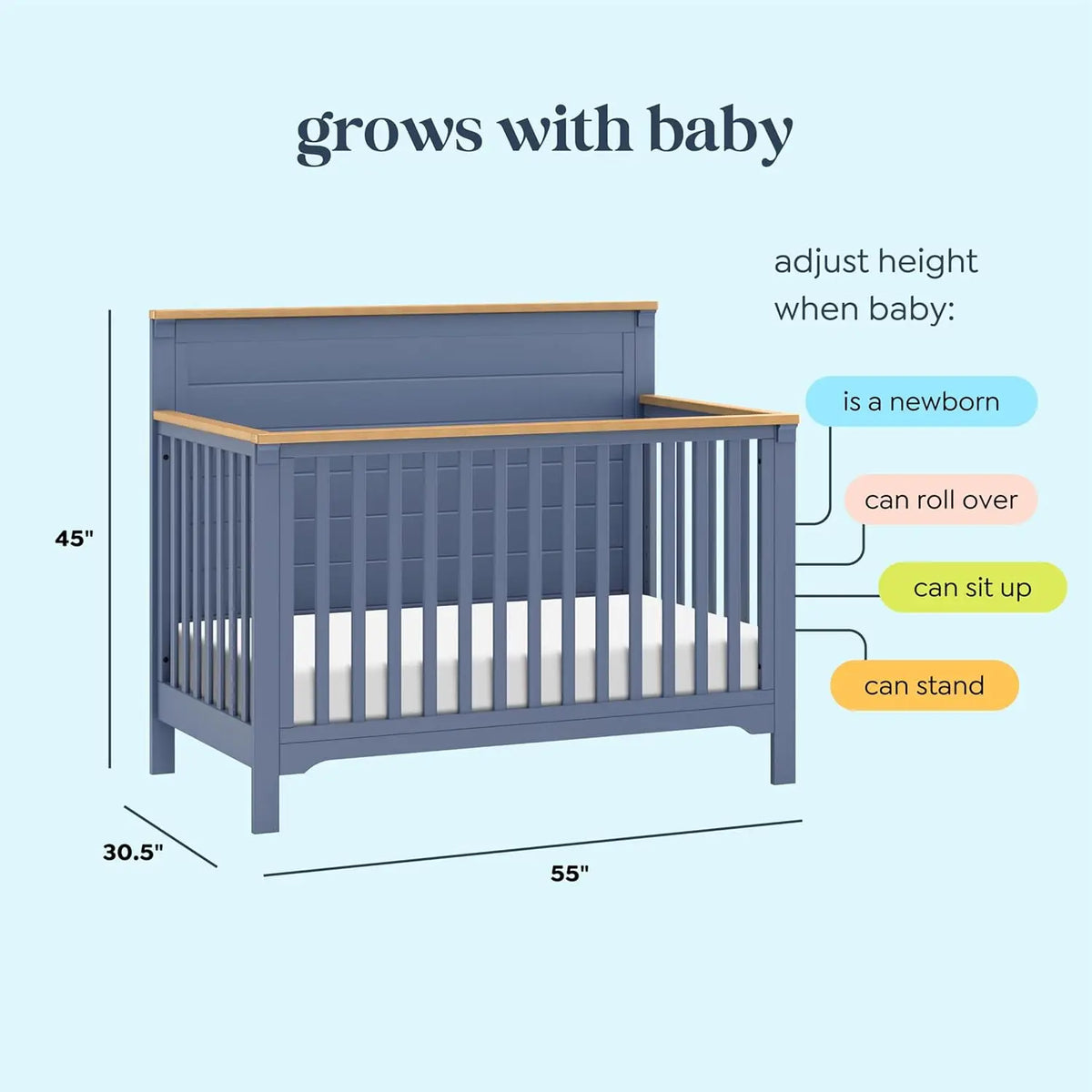 Versatile Cove Blue & Honey Wood Convertible Baby Crib for Nursery