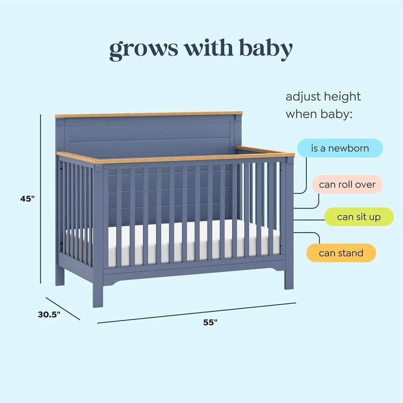 Versatile Cove Blue & Honey Wood Convertible Baby Crib for Nursery