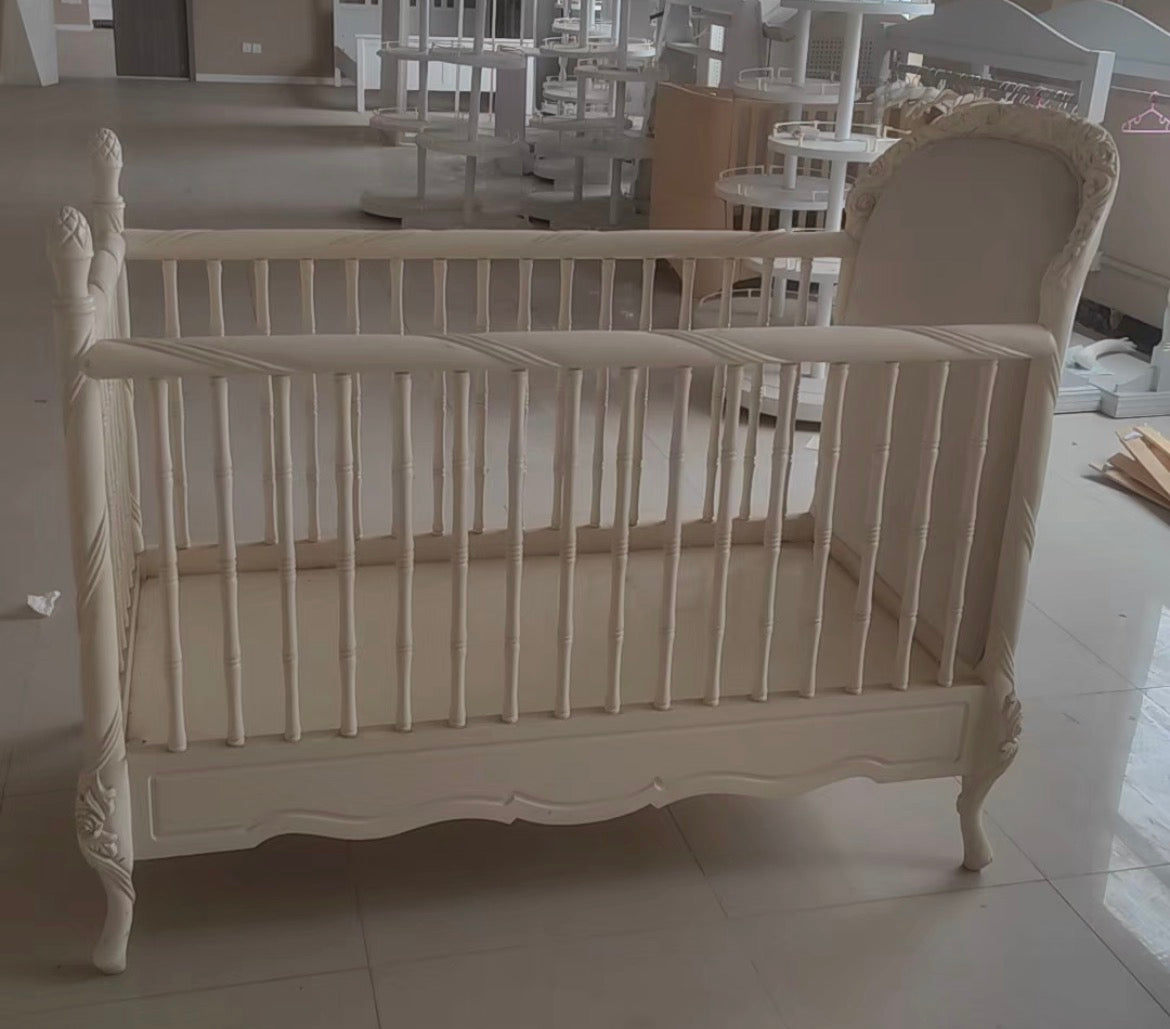 Ex-Display European Provincial Solid Wood Convertible Baby Crib with Upholstered Headboard