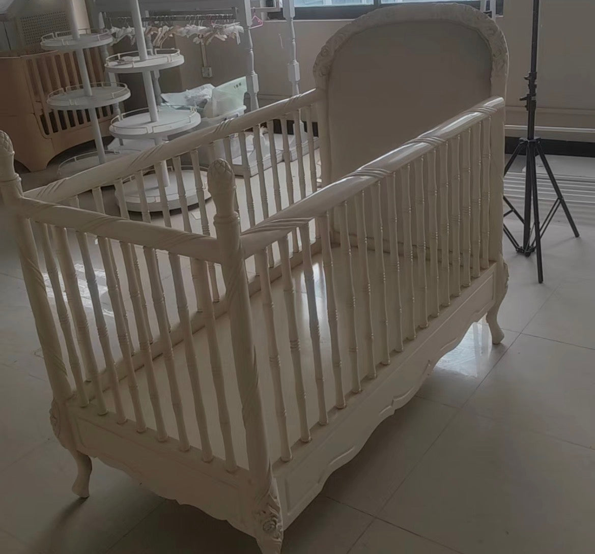Ex-Display European Provincial Solid Wood Convertible Baby Crib with Upholstered Headboard