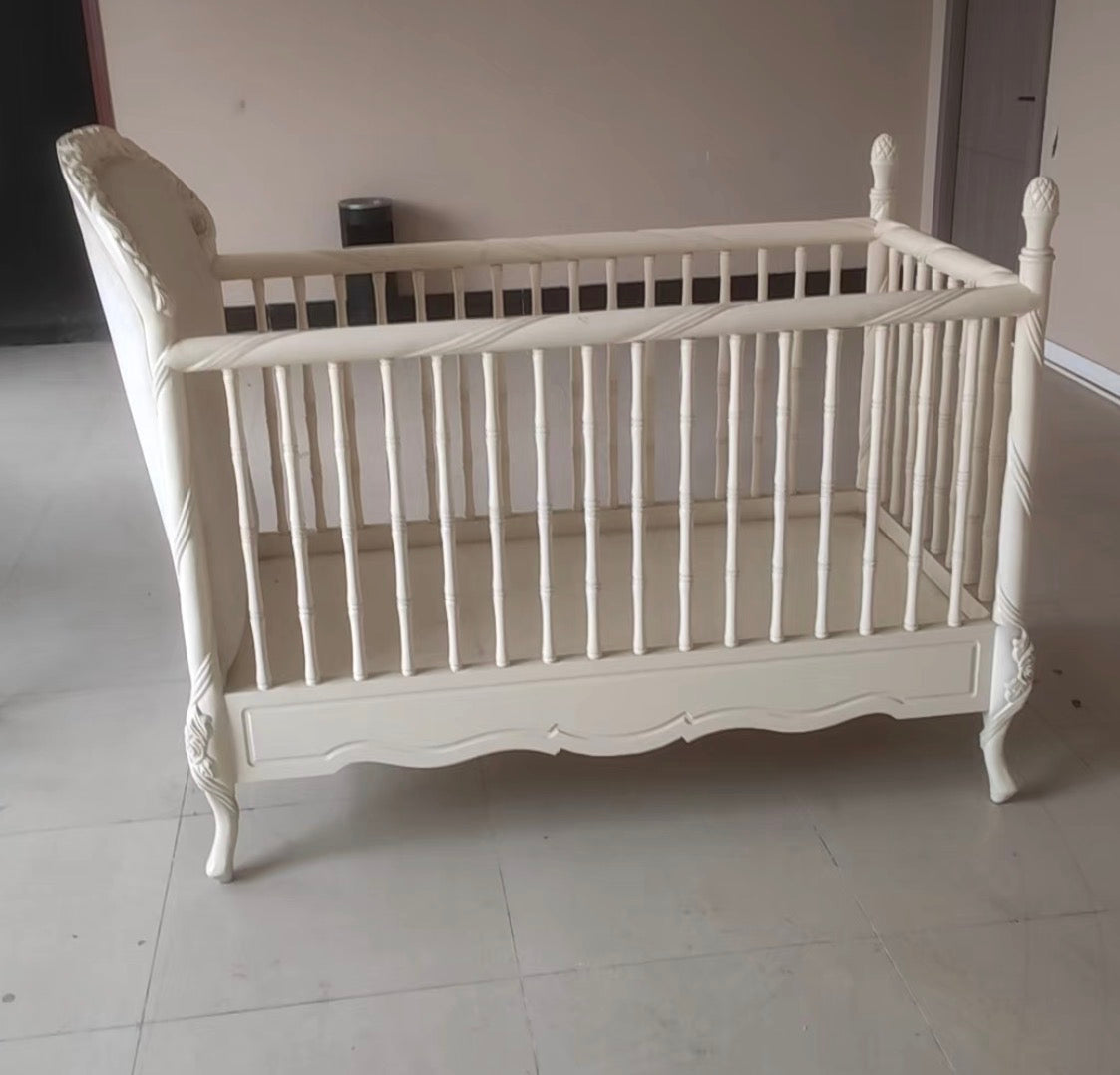 Ex-Display European Provincial Solid Wood Convertible Baby Crib with Upholstered Headboard