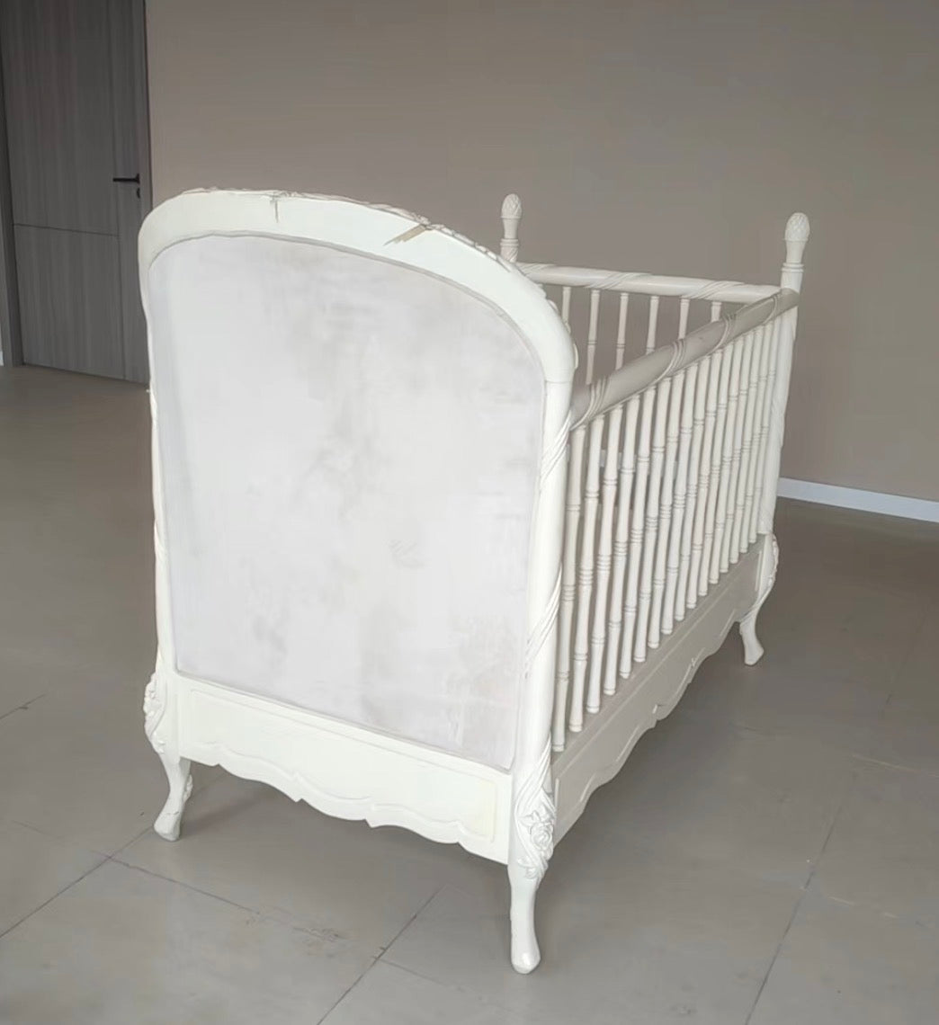 Ex-Display European Provincial Solid Wood Convertible Baby Crib with Upholstered Headboard