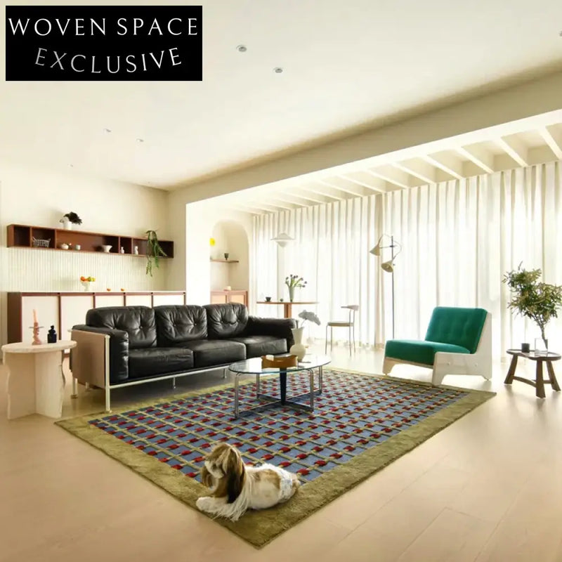 Chic French Vintage Green Plaid Living Room Sofa Custom Floor Rug