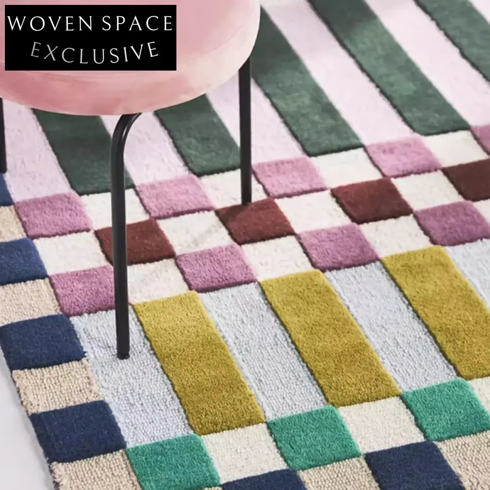 Chic Pink Plaid Polyester Area Rug for Modern Bedroom, Living Room, Bedside