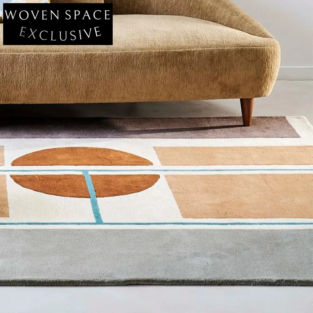 Designer Cream Polyester Geometric Area Rug for Living Room, Bedroom Carpet
