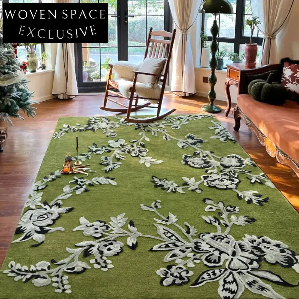 Elegant French Vintage Light Green Floral Embroidery Area Rug for Living Room