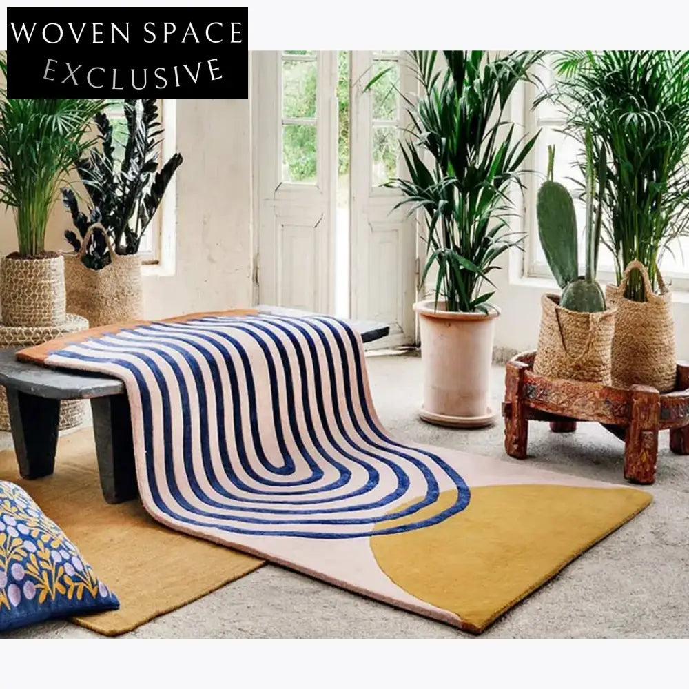 French Vintage Style Wool Coffee Table Rug - Modern Minimalist Striped Carpet