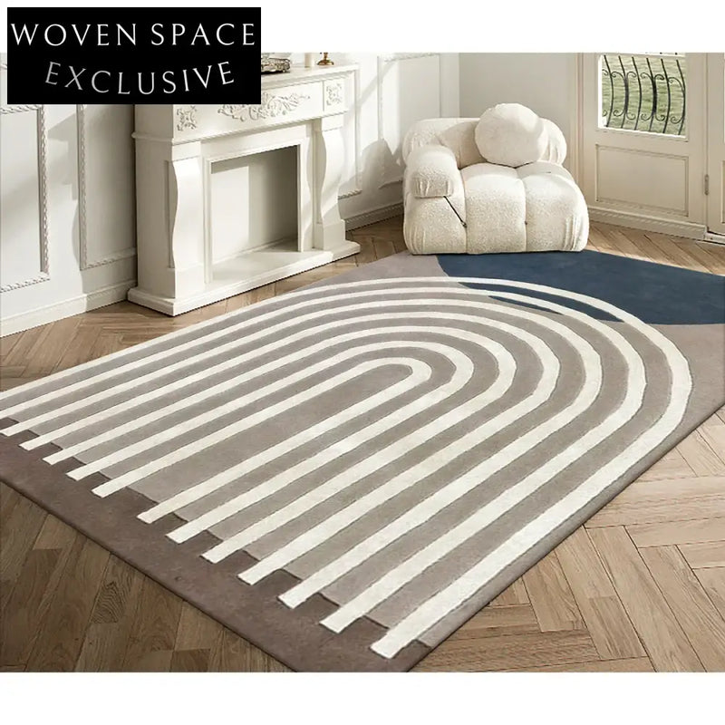 French Vintage Style Wool Coffee Table Rug - Modern Minimalist Striped Carpet
