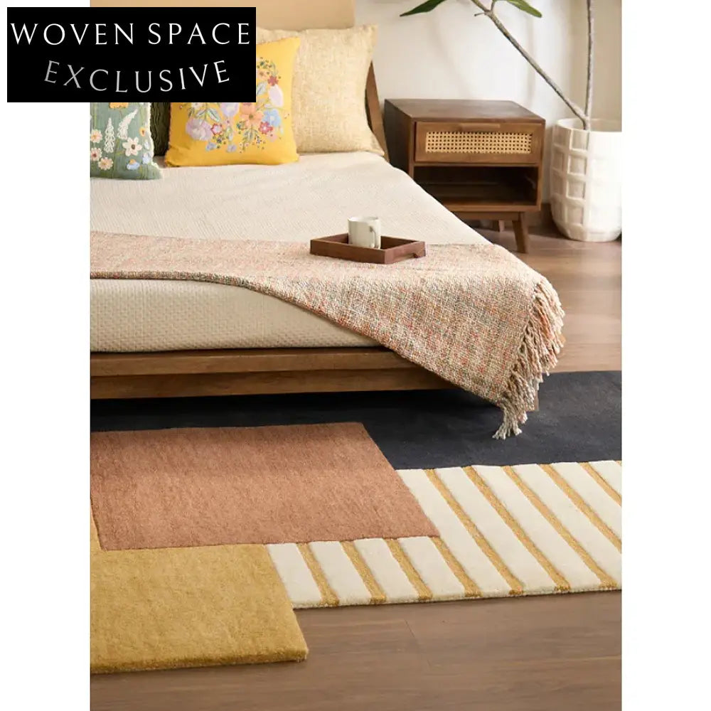 Handmade Geometric Wool Area Rug - Modern French Style Plush Pile Carpet