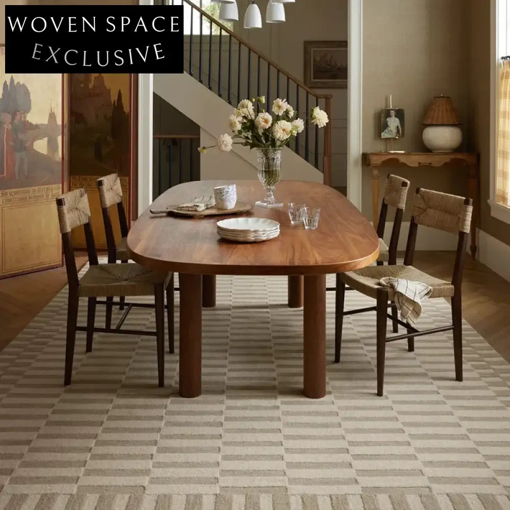 Modern Minimalist Handmade Cream Grid Area Rug for Living Room & Bedroom