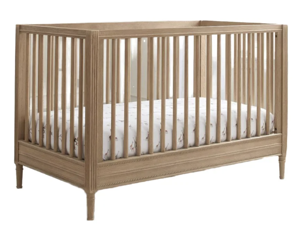 Elegant Solid Oak Convertible Baby Crib with Beaded Detail Crib
